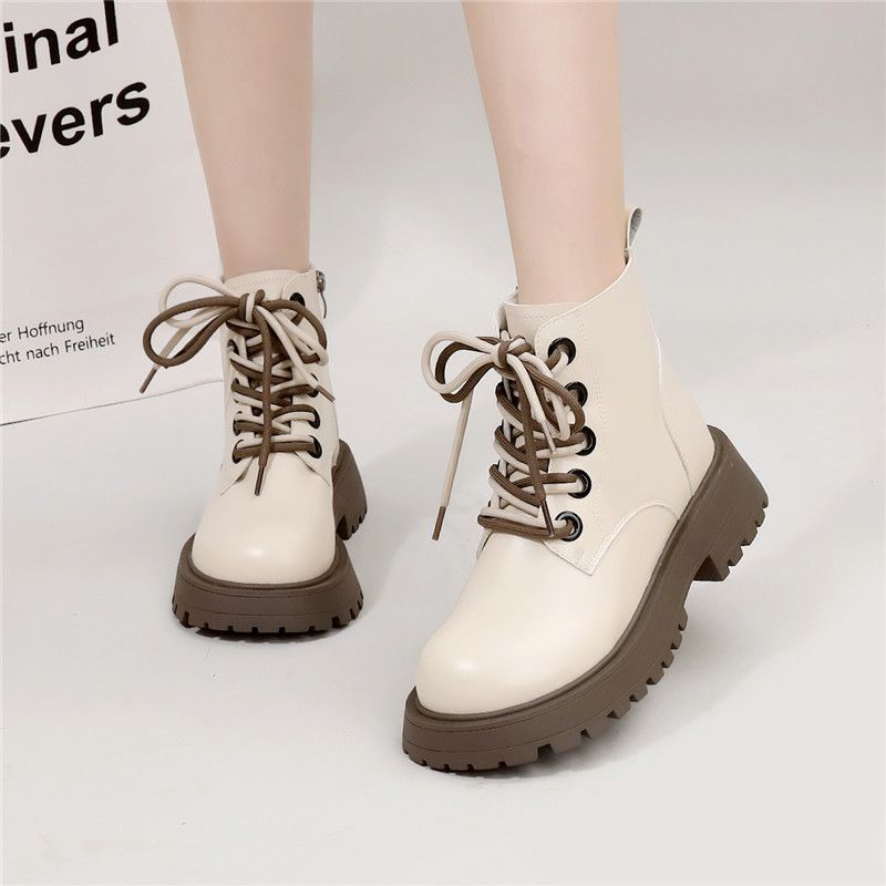 White Martin boots women's British style  autumn and winter new leather low-top thick-soled plus fleece cotton boots doll head short boots
