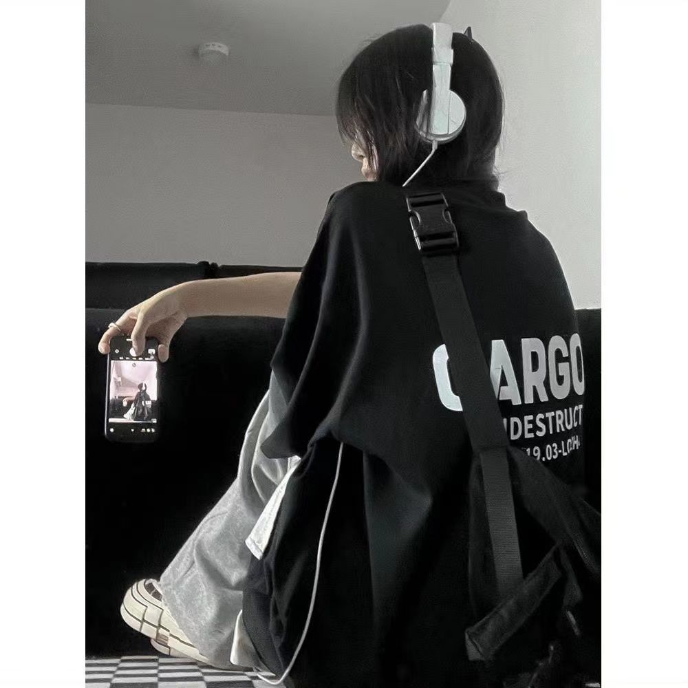 100%純棉黑色t恤女潮牌上衣美式街頭小眾百搭印花寬鬆圓領短袖ins