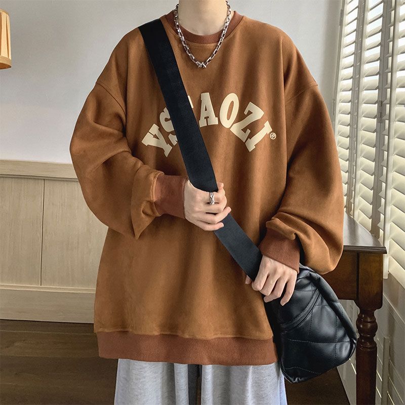 衛衣男士春秋冬季加絨加厚美式ins潮牌情侶無帽圓領外套重磅上衣
