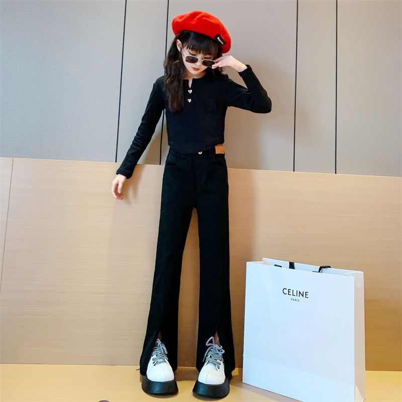 Girls' jeans autumn clothes middle and big children's foreign style elastic slit casual flared pants girls spring and autumn black pants