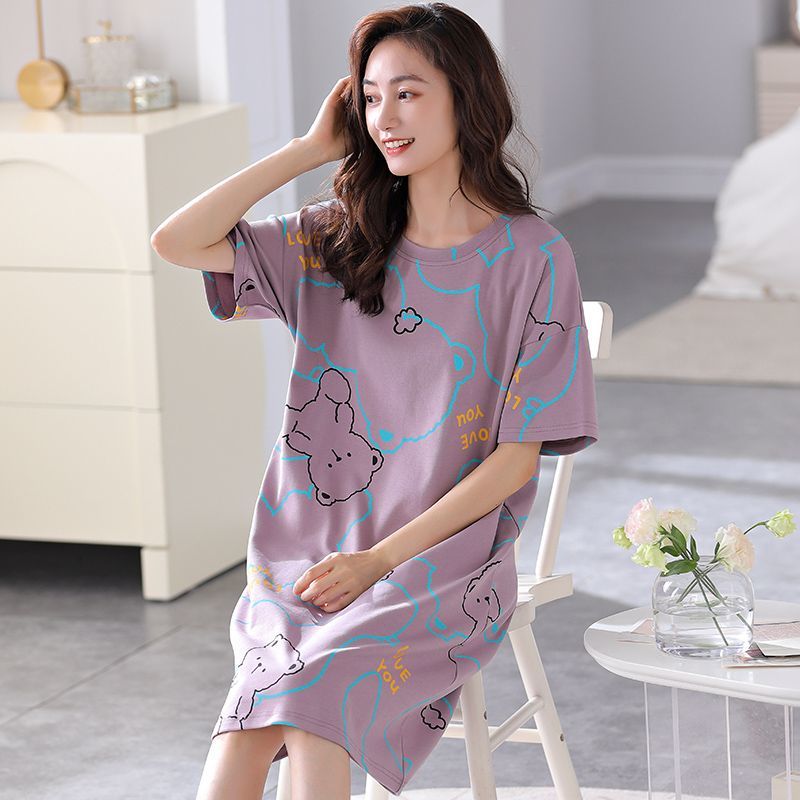 Cotton nightdress women's summer short-sleeved over-the-knee long skirt plus fat plus size fat mm loose pregnant women's confinement pajamas summer