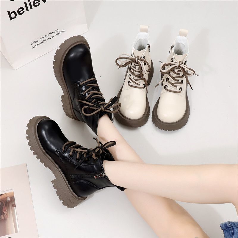 White Martin boots women's British style  autumn and winter new leather low-top thick-soled plus fleece cotton boots doll head short boots