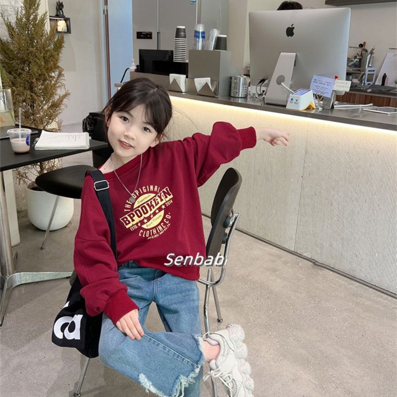 100%純棉衛衣女童春秋裝新款寶寶百搭套頭寬鬆印花中小童圓領上衣