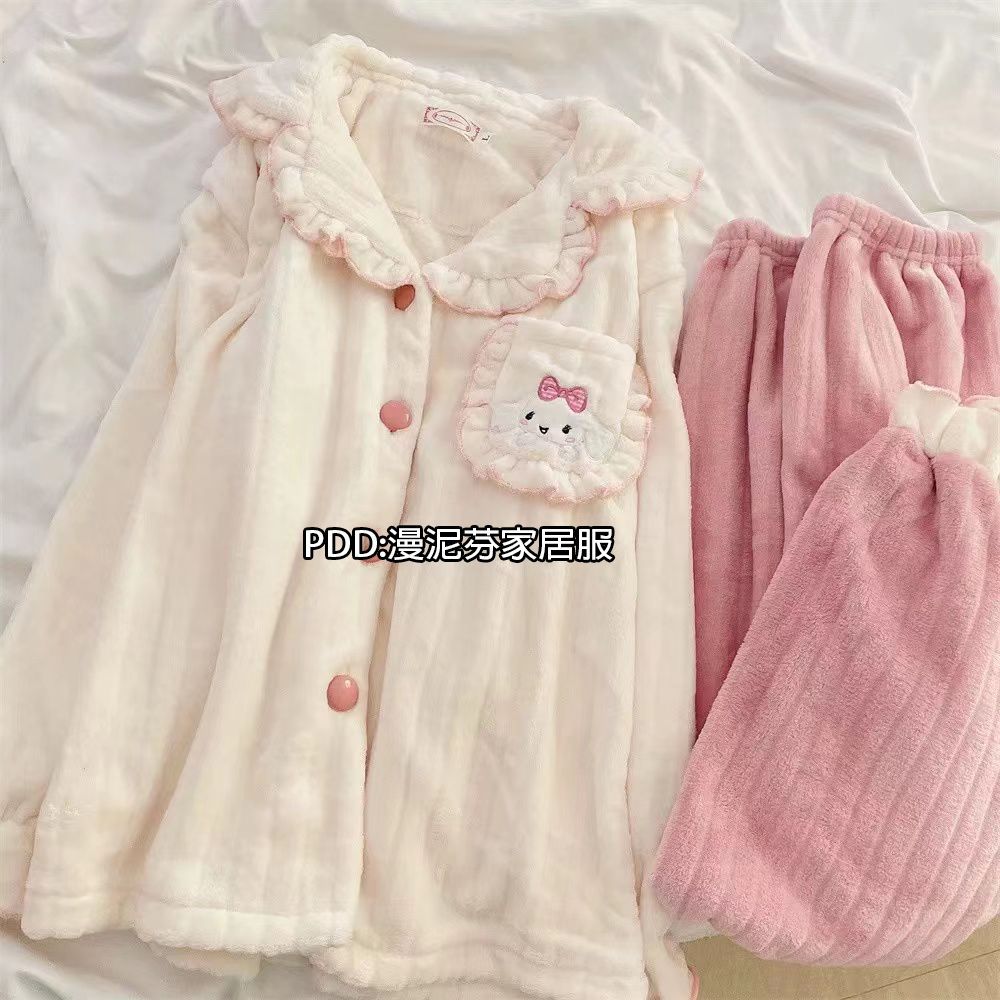 Coral fleece pajamas women's autumn and winter thickened ins style sweet and cute cartoon cinnamon dog flannel home service suit