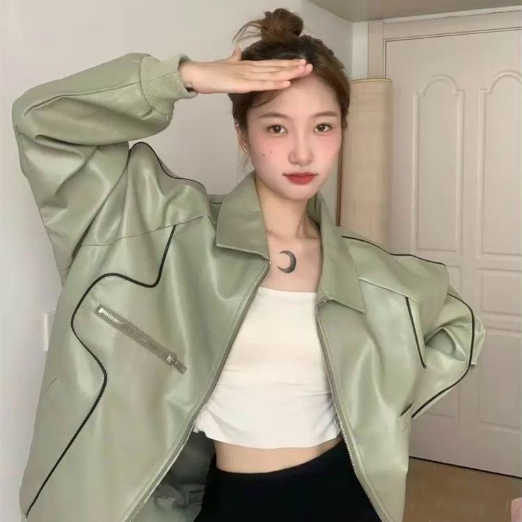 American retro bf lazy fan car leather jacket female spring and autumn new design sense niche PU leather jacket female tide