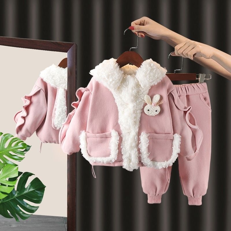 女童冬季加絨棉服套裝2022新款冬裝兒童兔兔保暖加厚棉衣兩件套萌