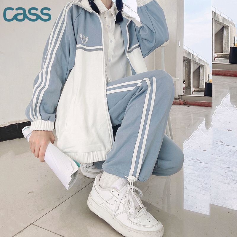 CASS运动套装女秋冬学生宽松学院风卫衣外套休闲时尚两件套跑步服