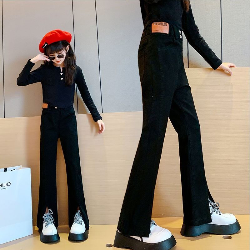 Girls' jeans autumn clothes middle and big children's foreign style elastic slit casual flared pants girls spring and autumn black pants