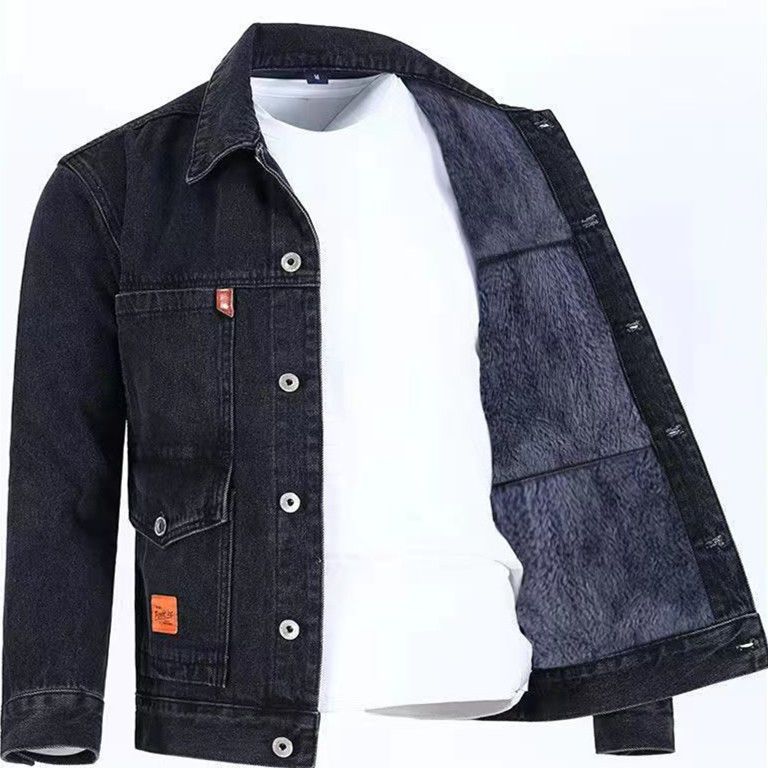 Smoke gray retro denim jacket plus velvet and thickening 2022 new simple trend all-match tooling denim jacket