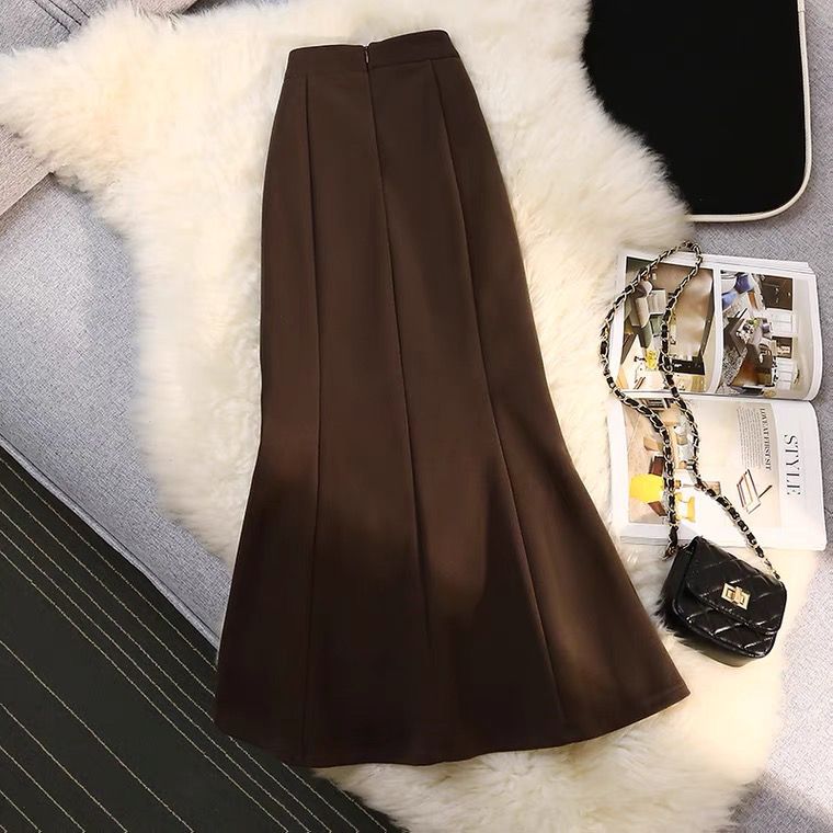 Woolen fishtail skirt slit bag hip skirt autumn and winter 2022 new high waist thin mid-length black skirt