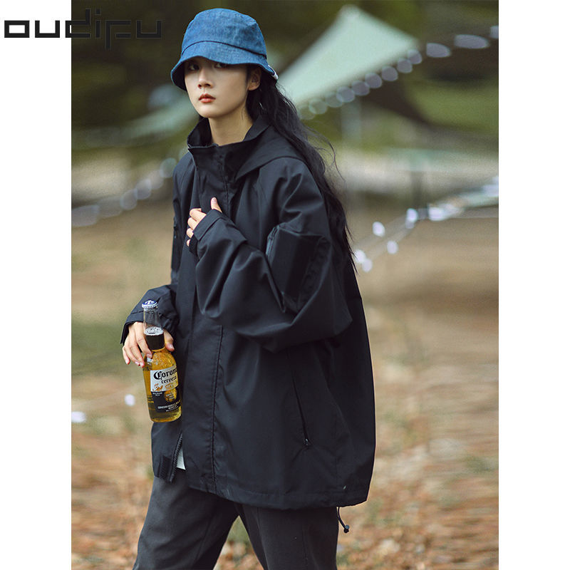 OUDIFU cityboy日式工装连帽外套学生宽松薄款中性美式冲锋衣女