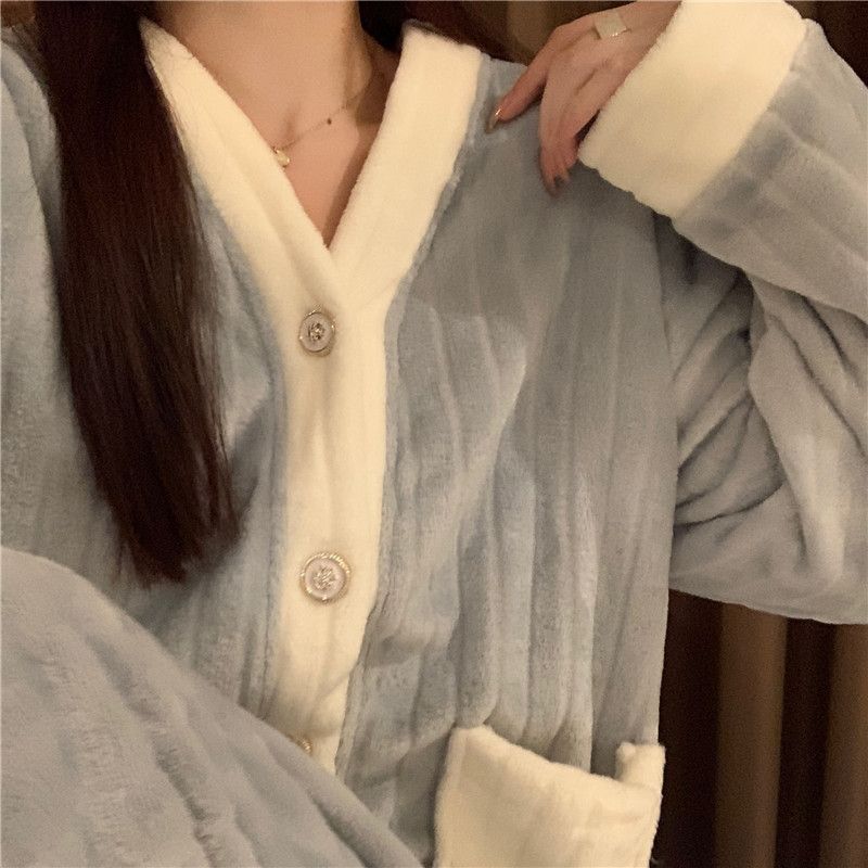 ins新款高顏值珊瑚絨睡衣女秋冬季韓版無領法蘭絨加厚家居服套裝