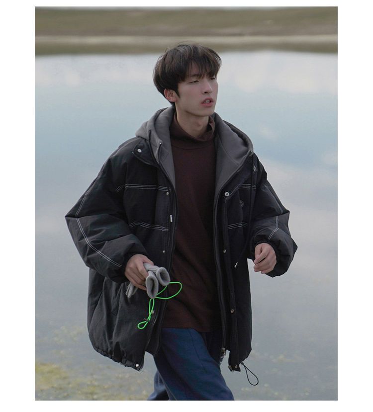 Vestiti finti in due pezzi Sciolti versatili, Cappotto in cotone con cappuccio alla moda per studenti per uomo, Autunno e_voghion.com
