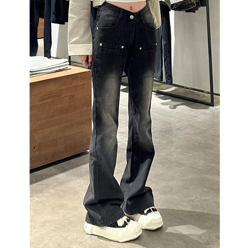 Spring and Autumn New Straight American Style Loose Korean Jeans Women's Gradient Small High Waist Slim Slim Slightly Booty Pants