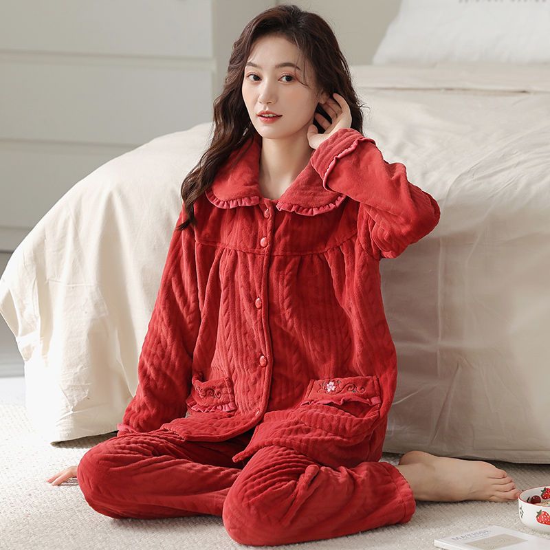 Double-sided flannel pajamas women's autumn and winter plus velvet thickened large size ladies self-heating coral fleece home service suit