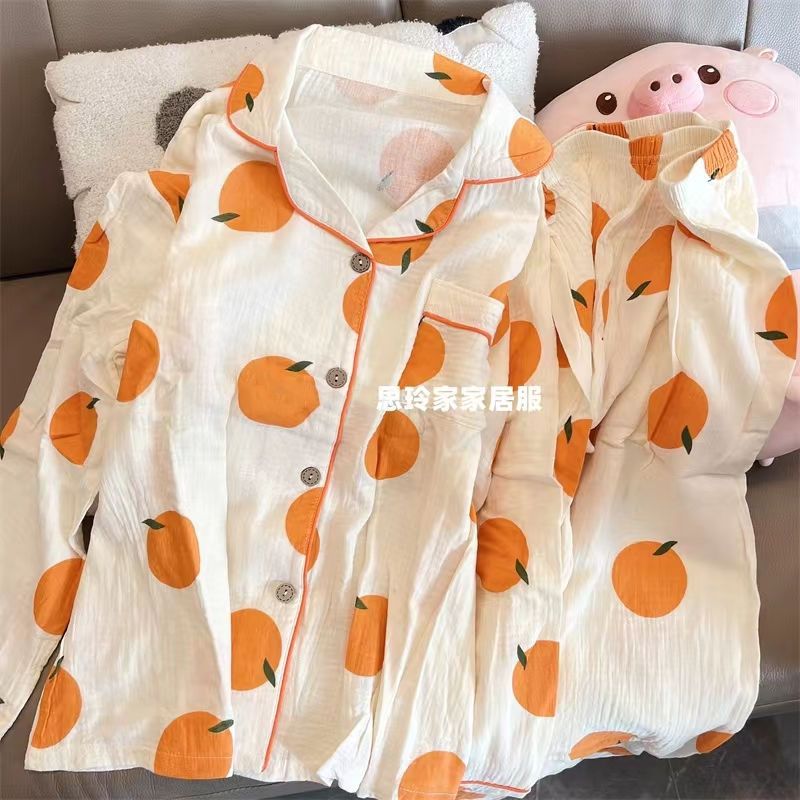 Ins wind pajamas women's autumn baby cloth long-sleeved thin section sweet orange spring and autumn style home service can be worn outside suit