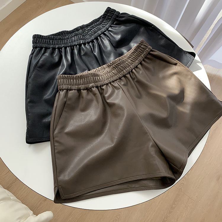 PU leather shorts women's spring and autumn style 2022 new black high waist thin wide-leg pants khaki color outerwear autumn and winter leather pants