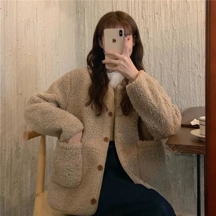 Thickened lamb plush jacket women's autumn and winter Korean version loose all-match fur casual cardigan furry top