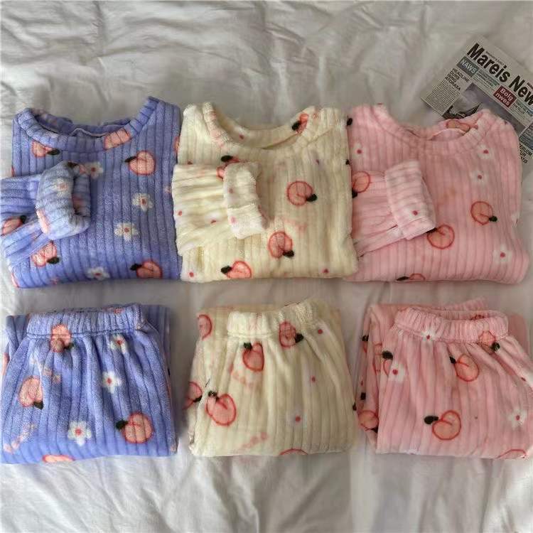 Single/Suit Sweet and Cute Peach Pajamas Two-piece Set Women's Autumn and Winter Korean Style Warm Flannel Home Service