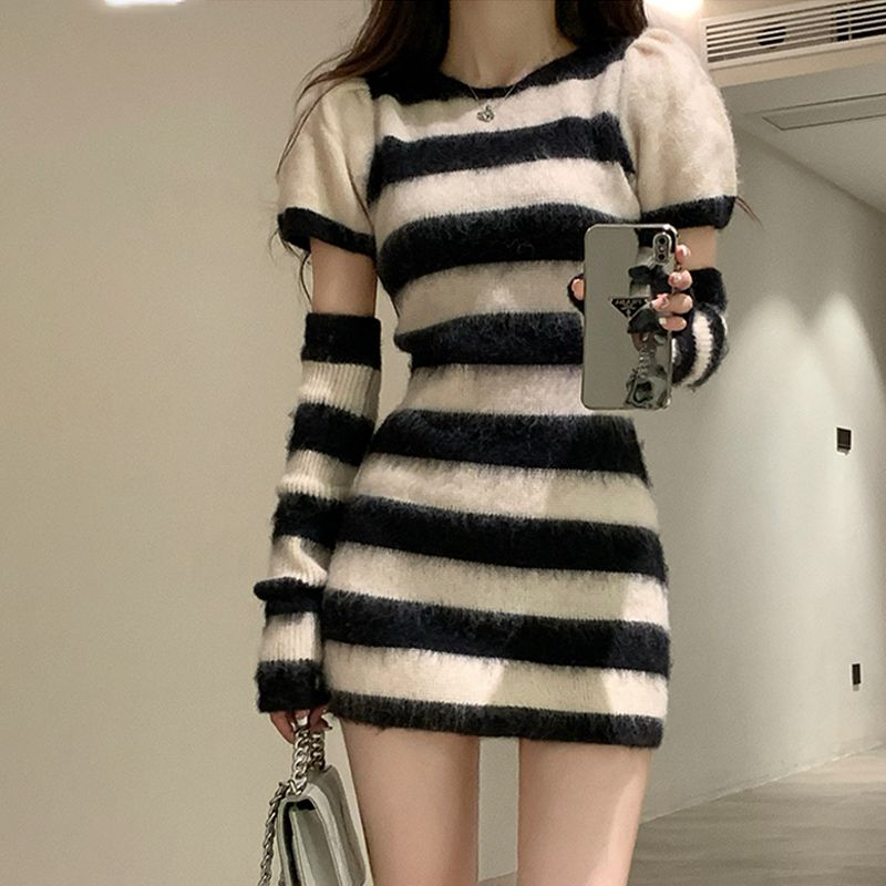 軟糯仿貂絨袖套針織連衣裙女秋冬季條紋長袖顯瘦內搭打底包臀裙子