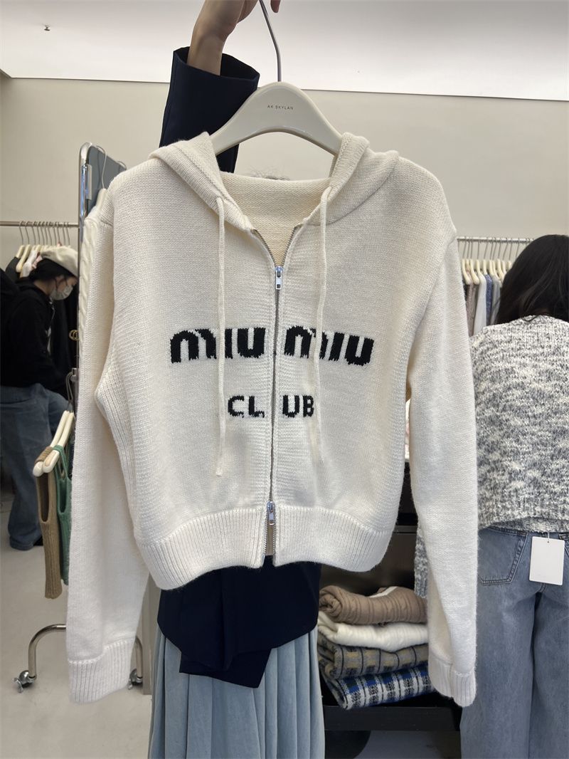 AK韓版2023秋季新款港味連帽抽繩雙鏈頭短款針織長袖衛衣女外套潮