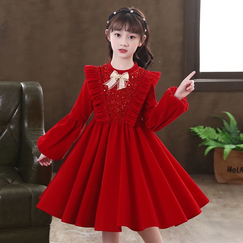 Children's dress princess dress flower girl birthday tutu skirt performance costume host girl red spring and autumn dress