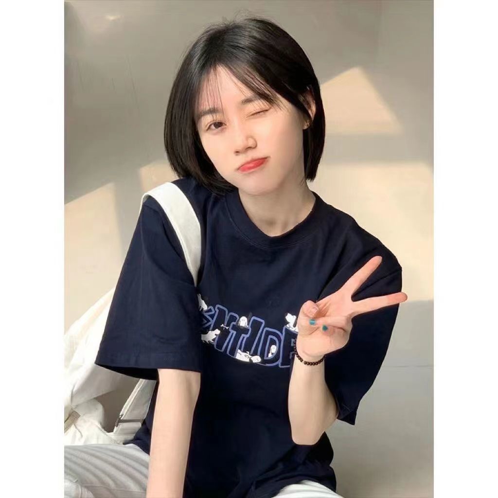 美式潮牌純棉短袖t恤女夏季新款oversize寬鬆體恤趣味印花ins上衣