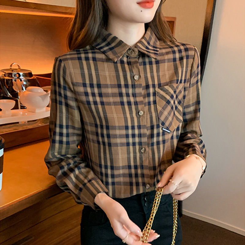 格子襯衫女春秋季新款長袖打底衫韓范百搭小個子POLO領襯衣上衣潮