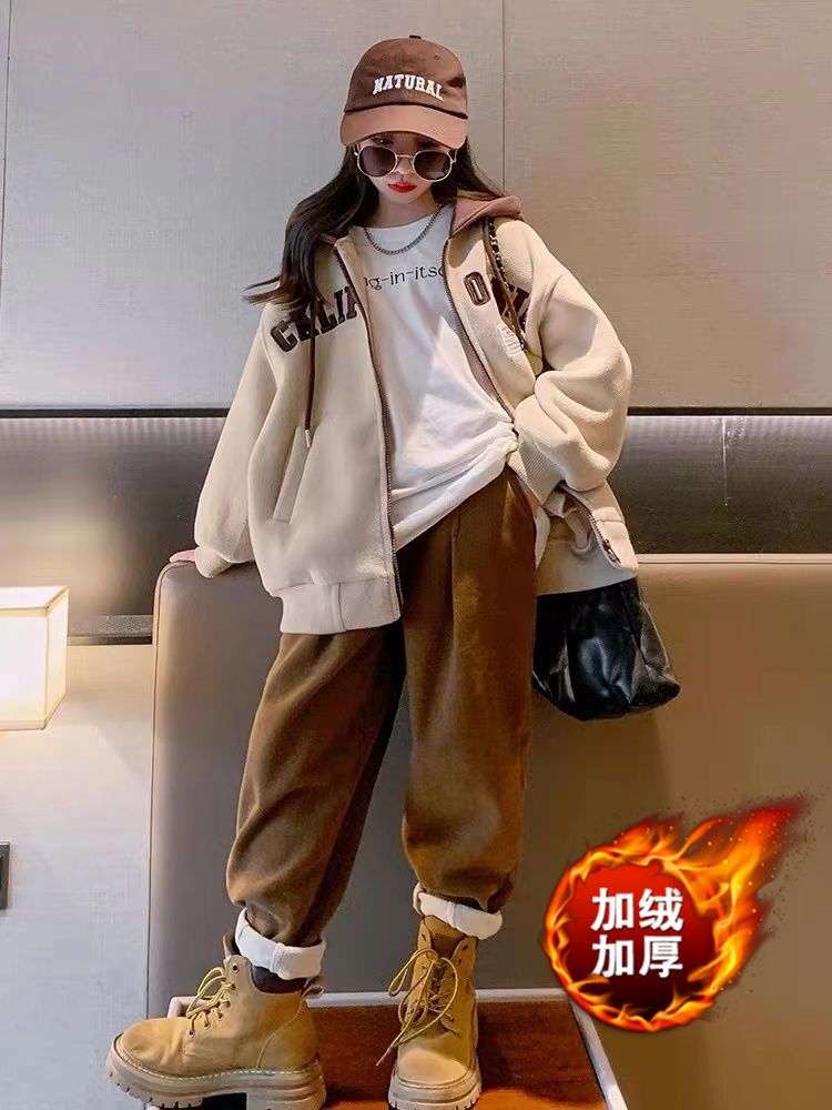 女童外套秋冬套裝2022新款中大童加厚兒童加絨連帽上衣保暖休閒褲
