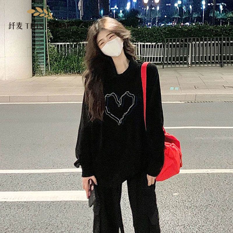 Fiber wheat 380g heavyweight pure cotton new autumn and winter American retro vintage black shoulder sweatshirt women's long-sleeved trendy