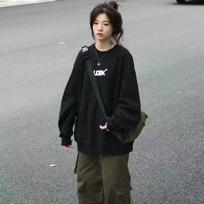 棉質美式字母印花黑色衛衣女學生寬鬆韓版ins潮流春秋款長袖上衣