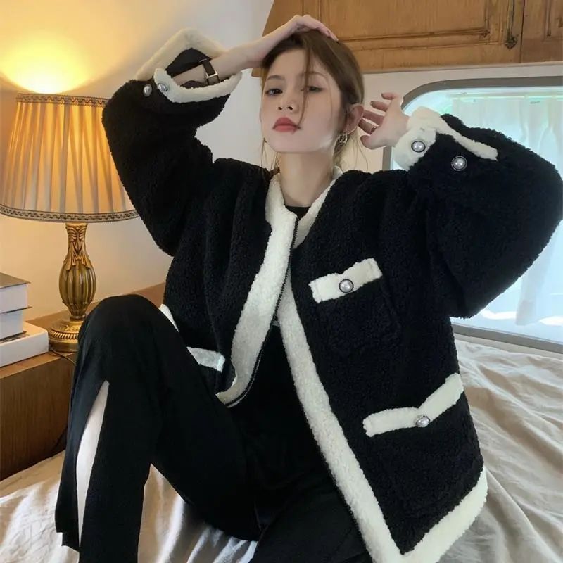 French retro temperament small fragrant wind lamb wool cotton coat women's winter plus velvet thickened short cotton coat trendy