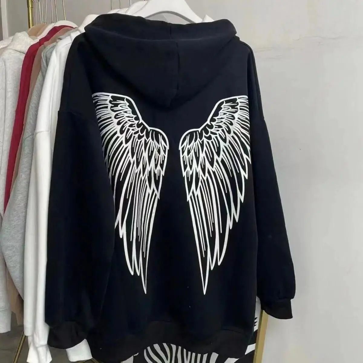 Middle and big children's angel wings printing American retro hooded sweater women's college style loose casual couple student girl