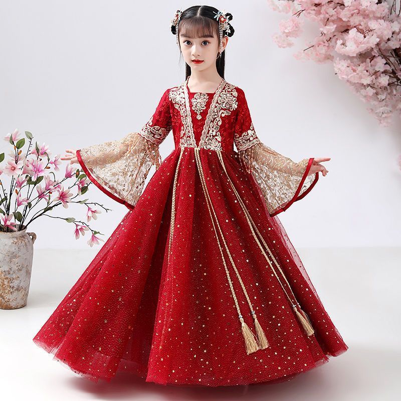 漢服女童秋冬中國風唐裝女孩拜年服加絨冬裝兒童紅色新年過年衣服