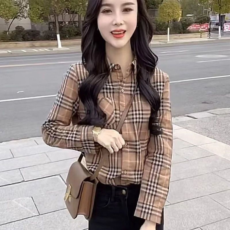 格子襯衫女春秋季新款輕奢感長袖打底衫氣質ins潮POLO領襯衣上衣