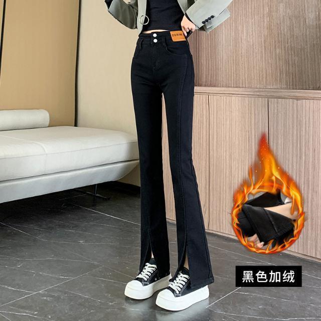不加絨/加絨開叉拖地微喇褲女春秋2023新款高腰修身顯瘦牛仔褲潮