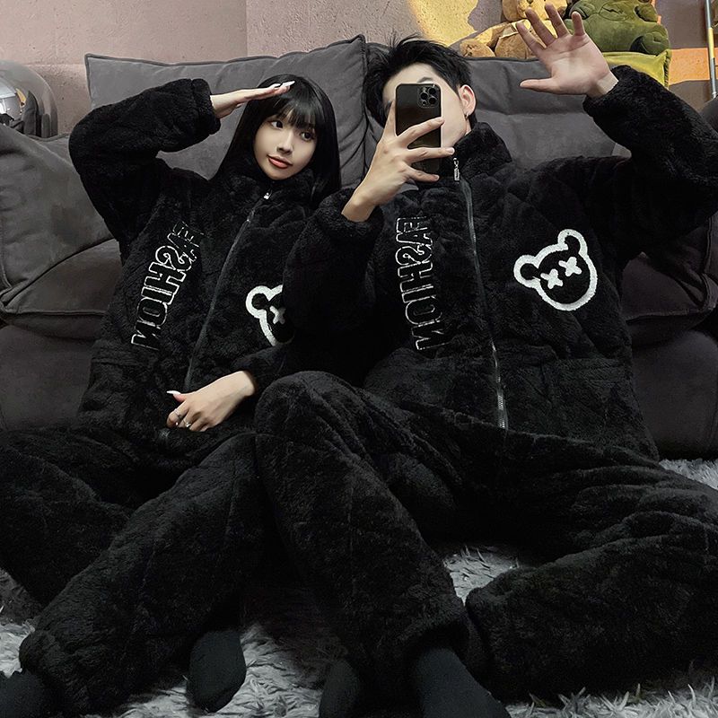 Couple Pajamas Cartoon Violent Bear Men and Women Three-Layer Padded Coral Fleece Thickened Padded Jacket Can Be Worn Out as Home Clothes