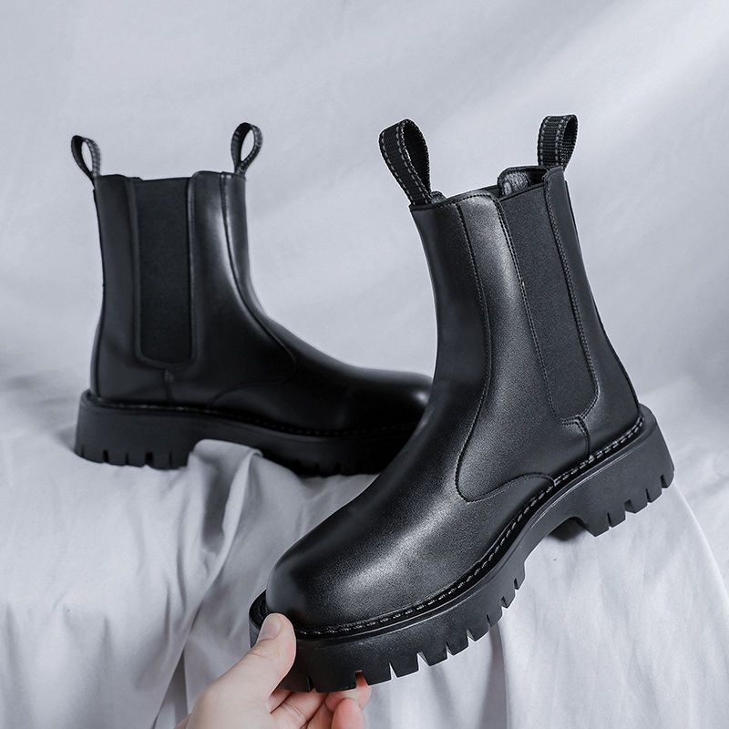Chelsea boots men's winter mid-tube boots men's black high-top shoes British style cotton shoes plus velvet thickened Martin boots