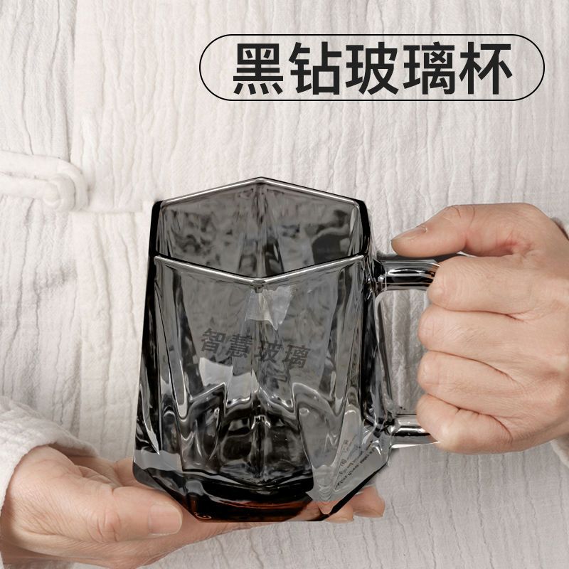 钻石玻璃杯马克杯咖啡杯子办公室带勺把手耐高温轻奢玻璃水杯套装