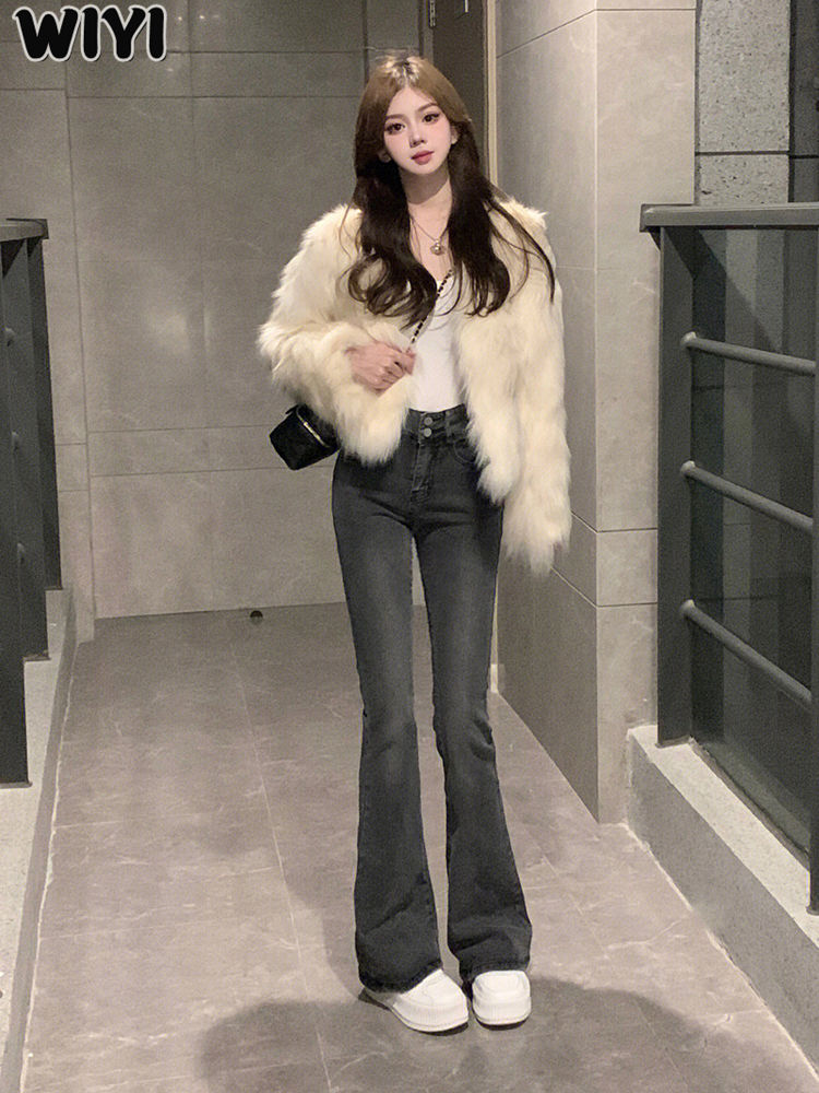 WIYI 黑灰雙扣微喇牛仔褲女2023春夏新款小個子高腰修身拖地褲子