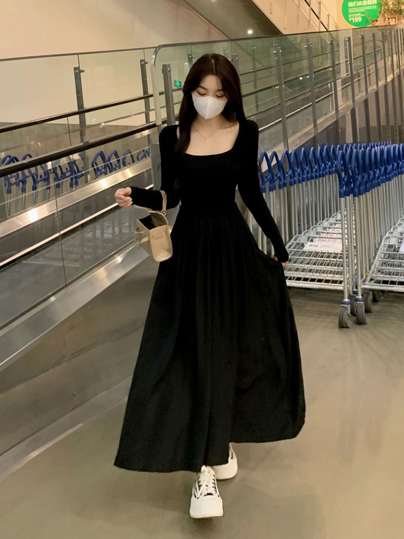 大碼秋季新款法式收腰別致獨特裙子胖mm遮肚顯瘦長袖連衣裙女長裙