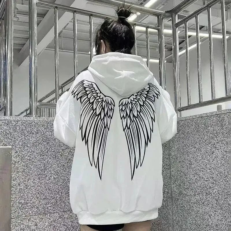 Middle and big children's angel wings printing American retro hooded sweater women's college style loose casual couple student girl