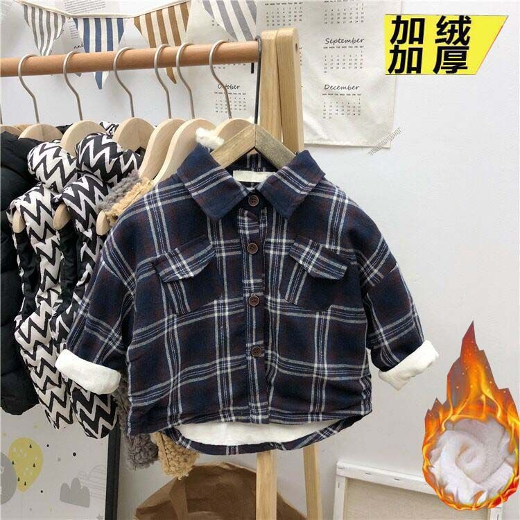 男童加絨襯衣冬裝新款寶寶保暖襯衫嬰兒上衣兒童加厚打底衫t恤