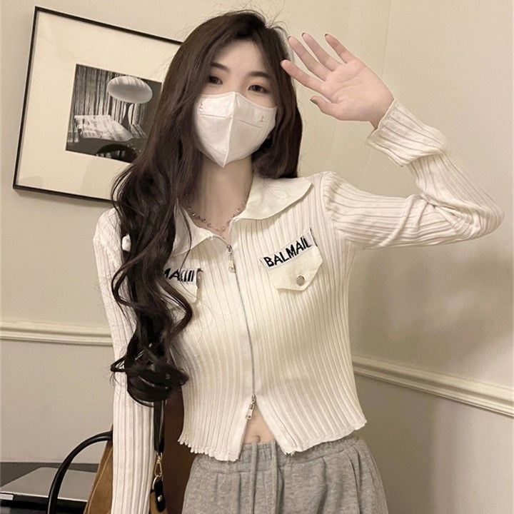 时尚洋气打底衫女春装韩版复古双头拉链字母长袖针织T恤短款上衣