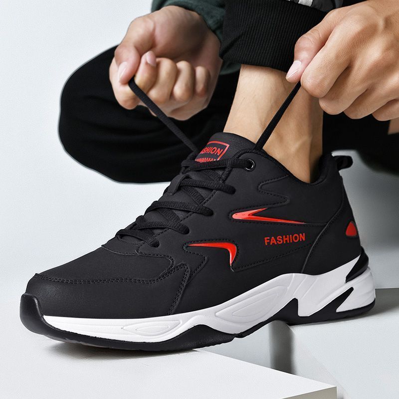 Sports shoes men's autumn leather warm plus velvet waterproof non-slip running shoes all-match student casual daddy shoes