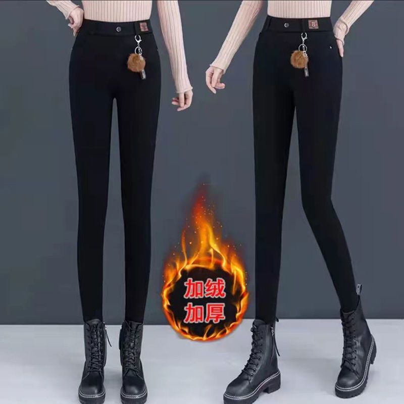 加絨加厚黑色牛仔褲女士修身顯瘦2023新款春秋鬆緊腰彈力外穿女褲