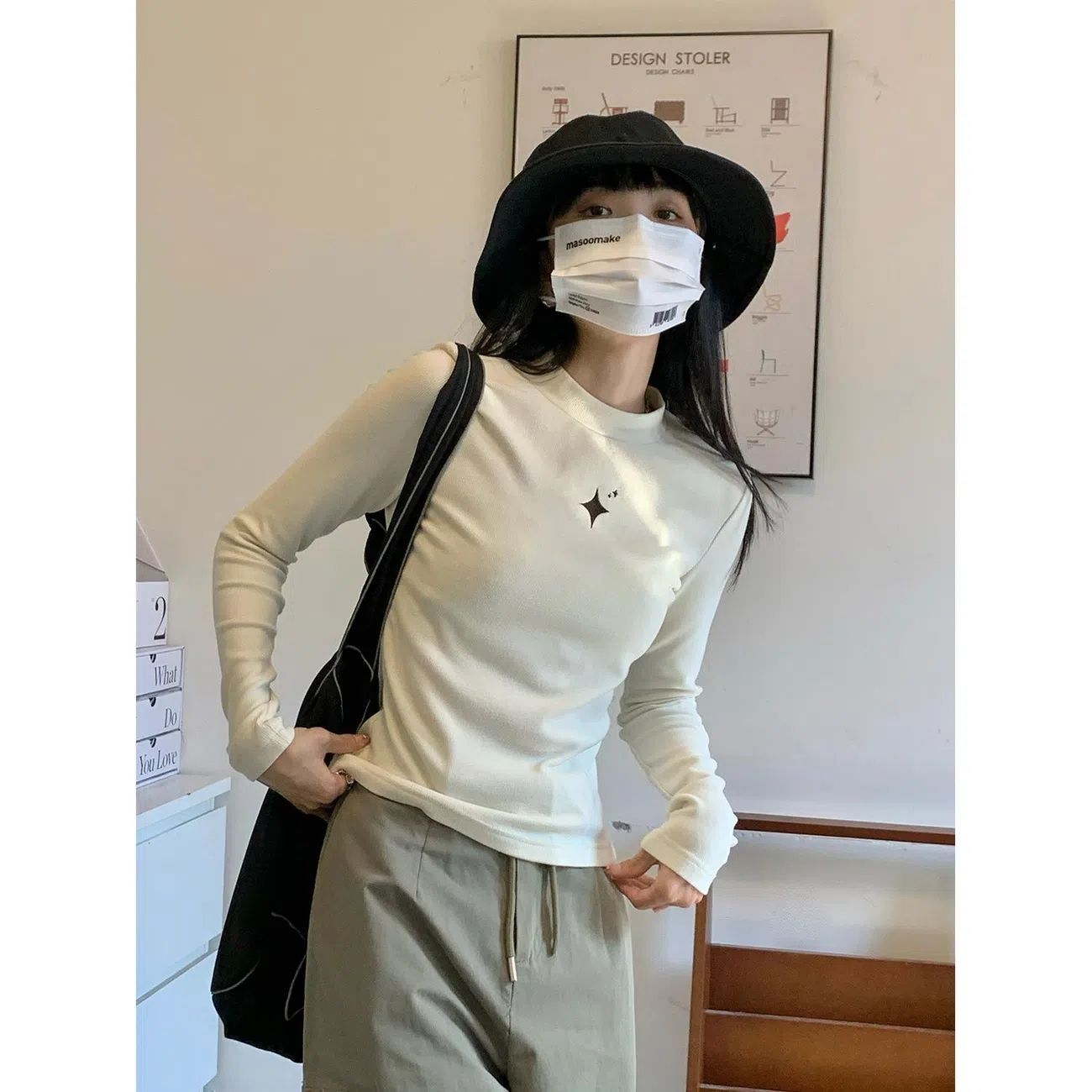 雙面德絨半高領內搭打底衫秋冬新款極簡美式星星元素t恤保暖上衣