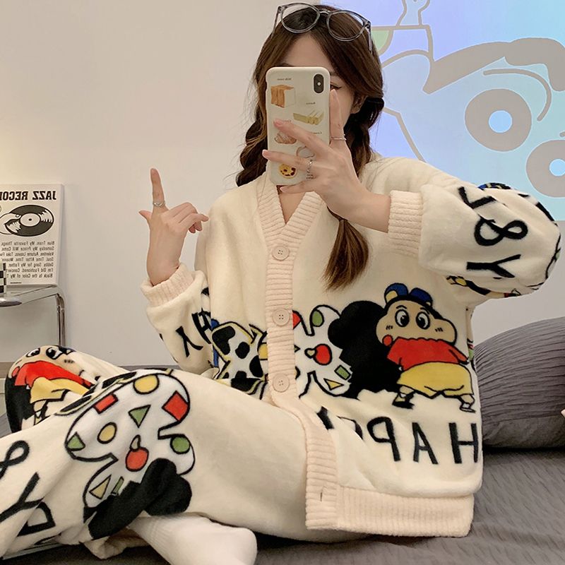 Autumn and winter flannel pajamas girl cute girl thickened plus velvet warm winter coral fleece suit home service