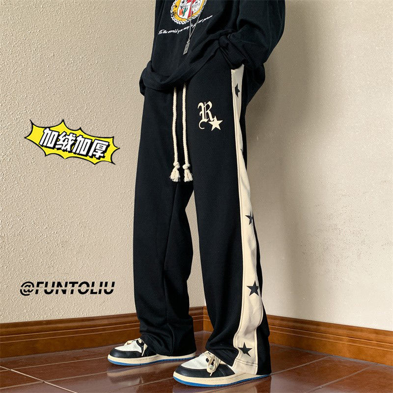 星星垂感加絨衛褲男秋冬美式hiphop潮牌痞帥oversize直筒運動褲子