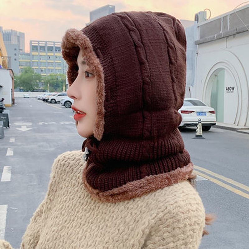 Hat women's winter autumn and winter cycling windproof cap scarf all-match all-match plus velvet warm wool knitted hat women